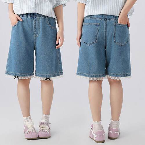 初中女童夏季牛仔短裤薄款中大童大码宽松拼接蕾丝五分裤中裤学生
