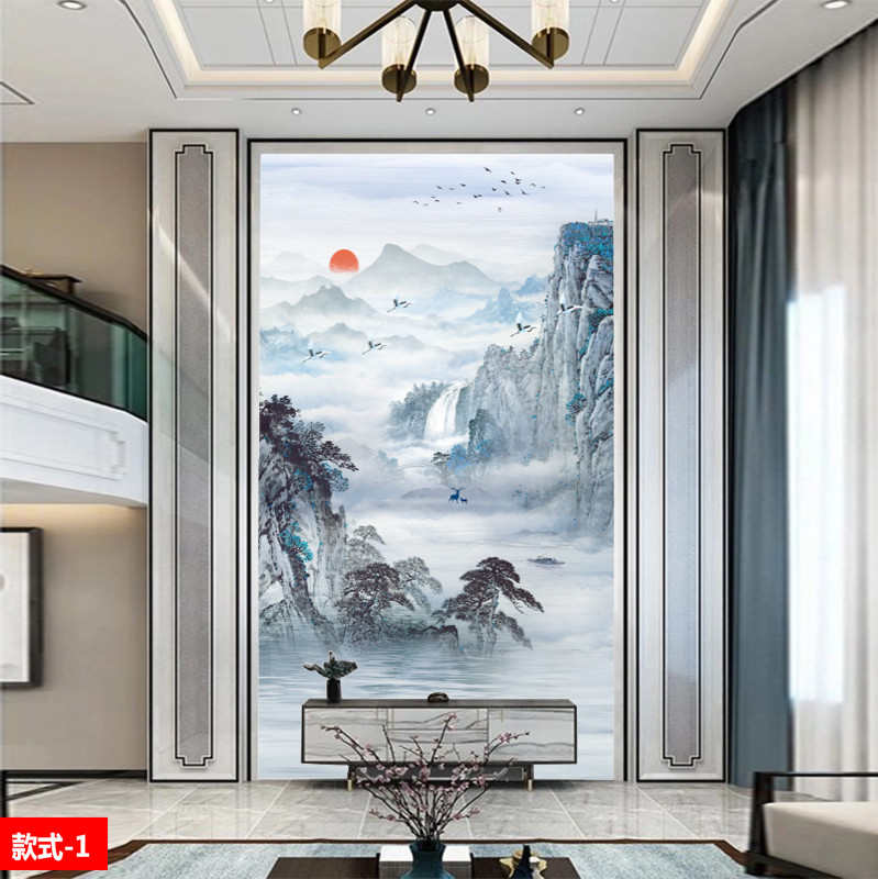 新中式别墅挑高复式楼客厅电视背景墙纸山水壁画玄关壁纸墙布壁布