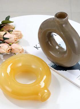 简约小众甜甜圈玻璃花插瓶透AL724179明水摆风花件器客厅花居家装