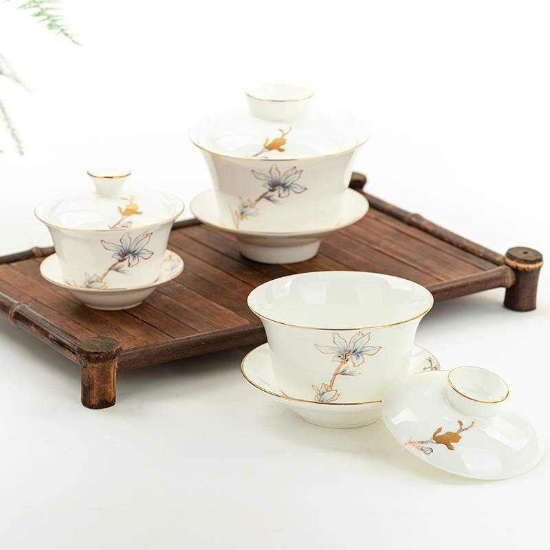 唐山骨瓷盖碗茶杯功夫茶具金玉兰花茶敬茶杯品茗杯小三才盖碗