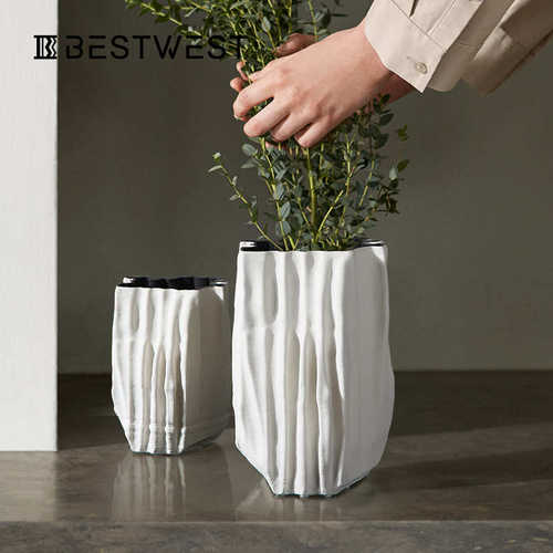 博西家居 折皱3D打印陶瓷花瓶样板房桌面干花插花瓶软装饰摆件