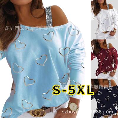 Love print hanging neck off shoulder long sleeved top