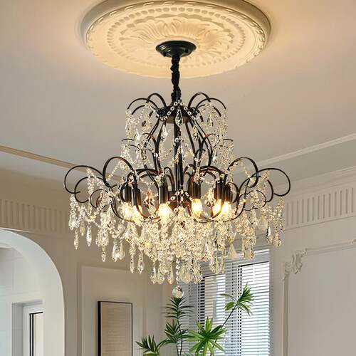 轻奢黑色水晶吊灯法式客厅灯新款餐厅高档大气宫廷风复古别墅灯