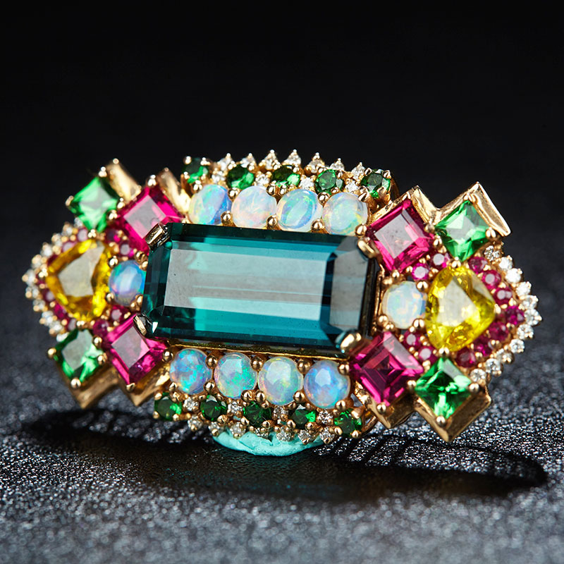 亏本捡漏价 主石8.4克拉蓝碧玺吊坠18k金镶钻石 红宝石彩宝项坠