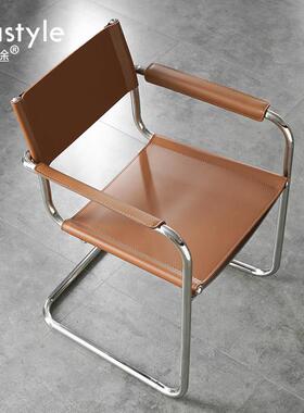 意式轻奢风悬臂钢管椅S34马鞍皮不锈钢餐椅家用简约现代餐桌椅子