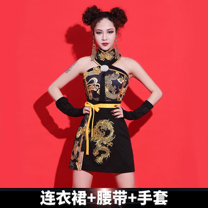 高档国潮旗式蹦迪跳舞服装爵士中国风舞蹈模衣服袍走秀热特辣演出