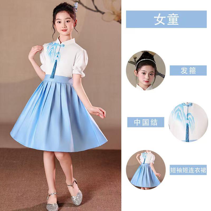 高档元旦儿童朗红色爱国生诵演出服中风合唱国演讲比赛服装女小学