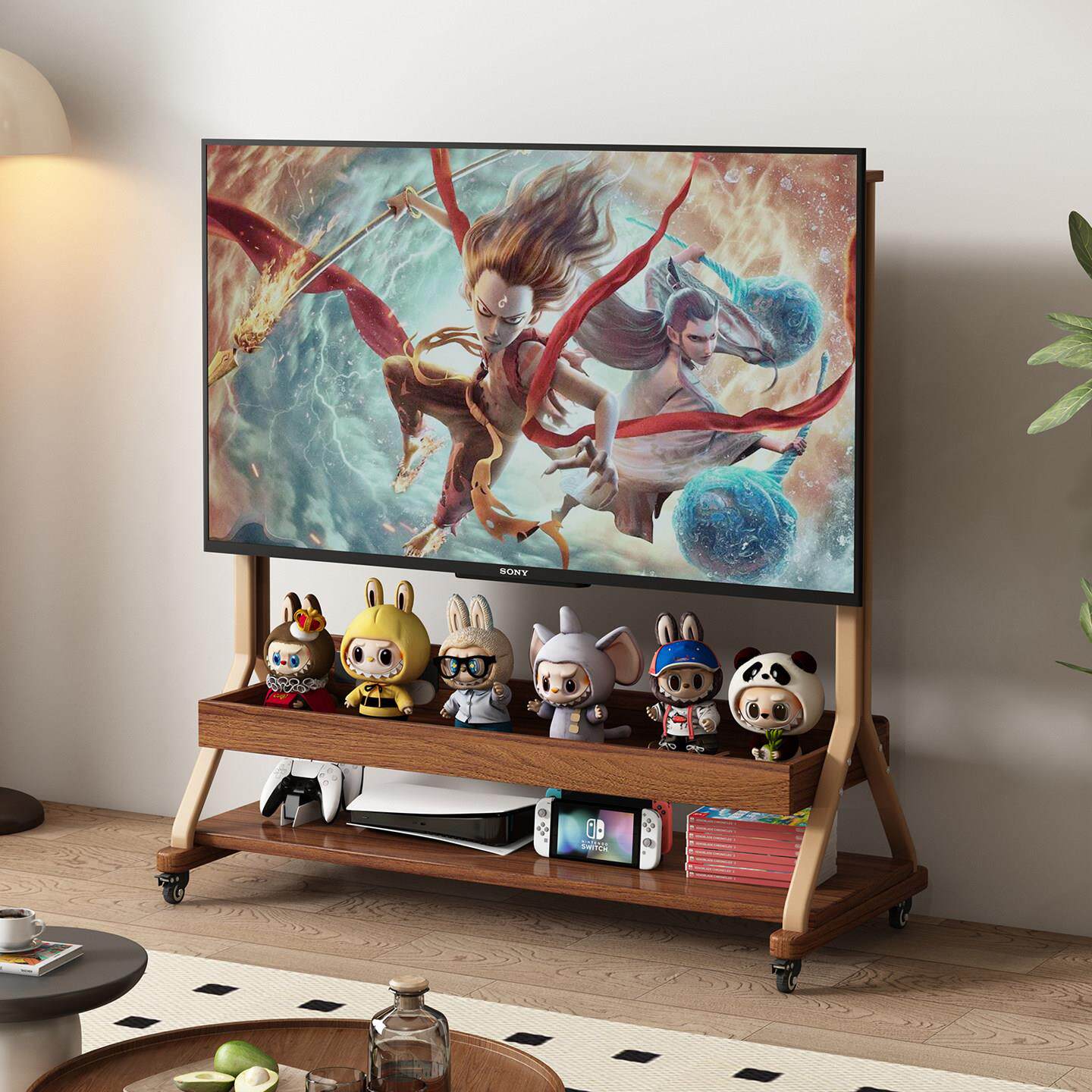 实木可行动电视机柜客厅家用2025新款小户型落地储物带轮电视支架