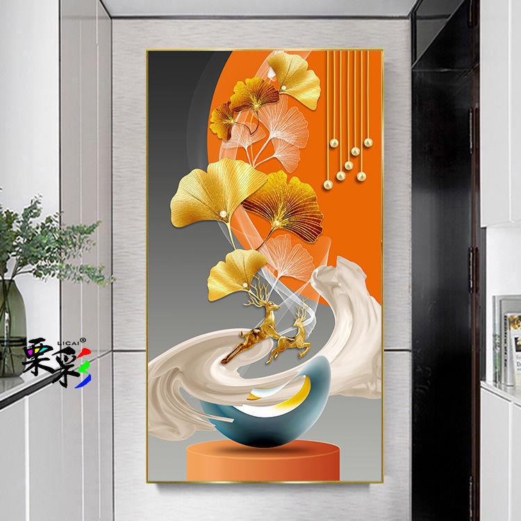 新中式客厅玄关晶瓷装饰画入户门挂画走廊过道竖版壁画有框单幅墙