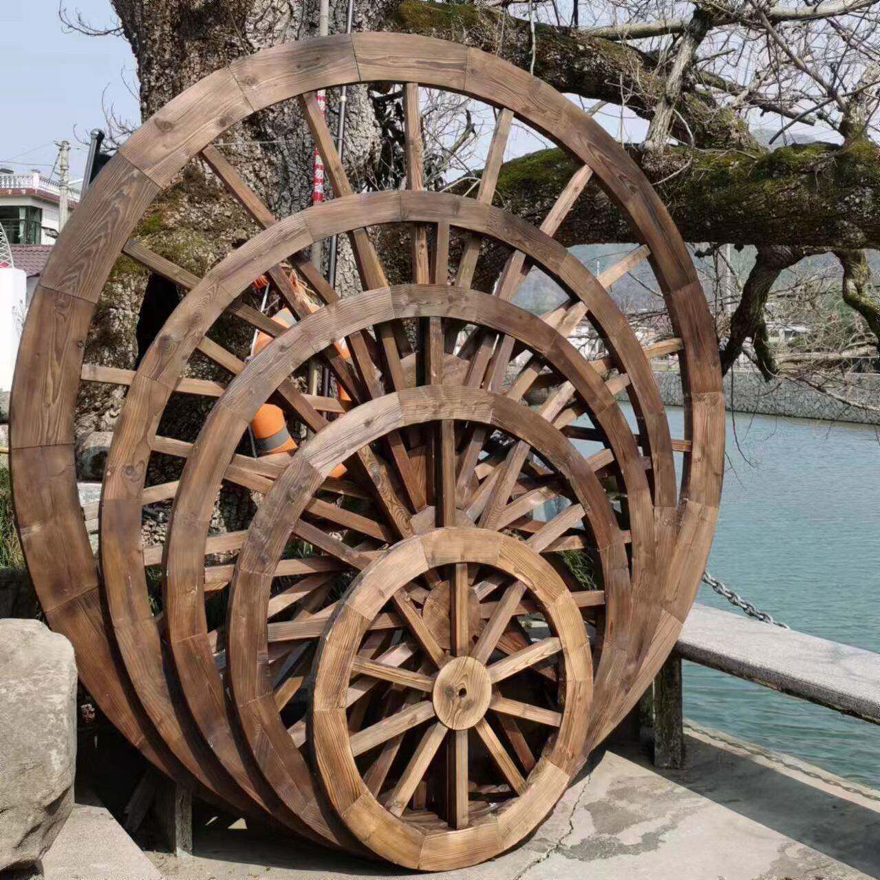 防腐木质车轮仿古实木摆挂件船舵挂墙装饰老式车轱辘绿化景观园林