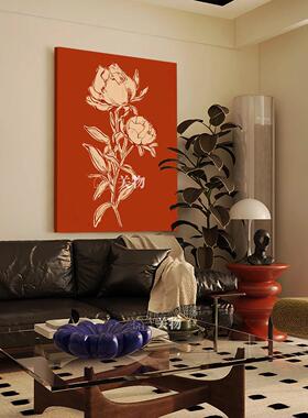 中古风中国红玫瑰花手绘油画客厅挂画大气轻奢极简花卉玄关装饰画