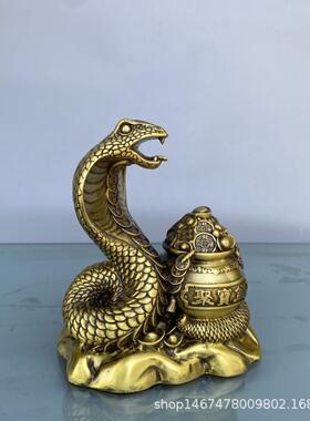 仿古黄铜聚宝盆蛇摆件纯铜福蛇生肖蛇风水古玩家居装饰工艺品摆件