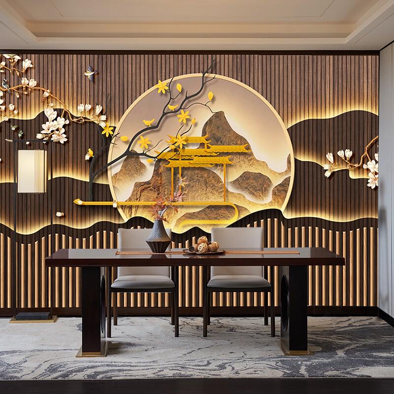 新中式格栅背景墙布3D养生馆足疗店前台壁画简约客厅山水茶室壁布