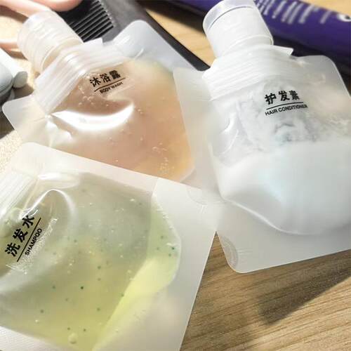 Travel-sized lotion, body wash, and shampoo refill bags with