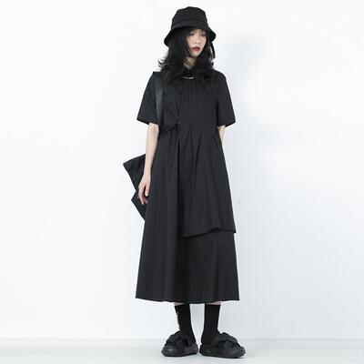 屿白 衬衫式洋装女系带长裙短袖a字高腰设计感小众暗黑风夏季新款