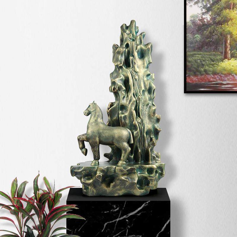 型马到成功摆件客厅玄关家居饰品仿古青铜假山造招财树脂工艺品马