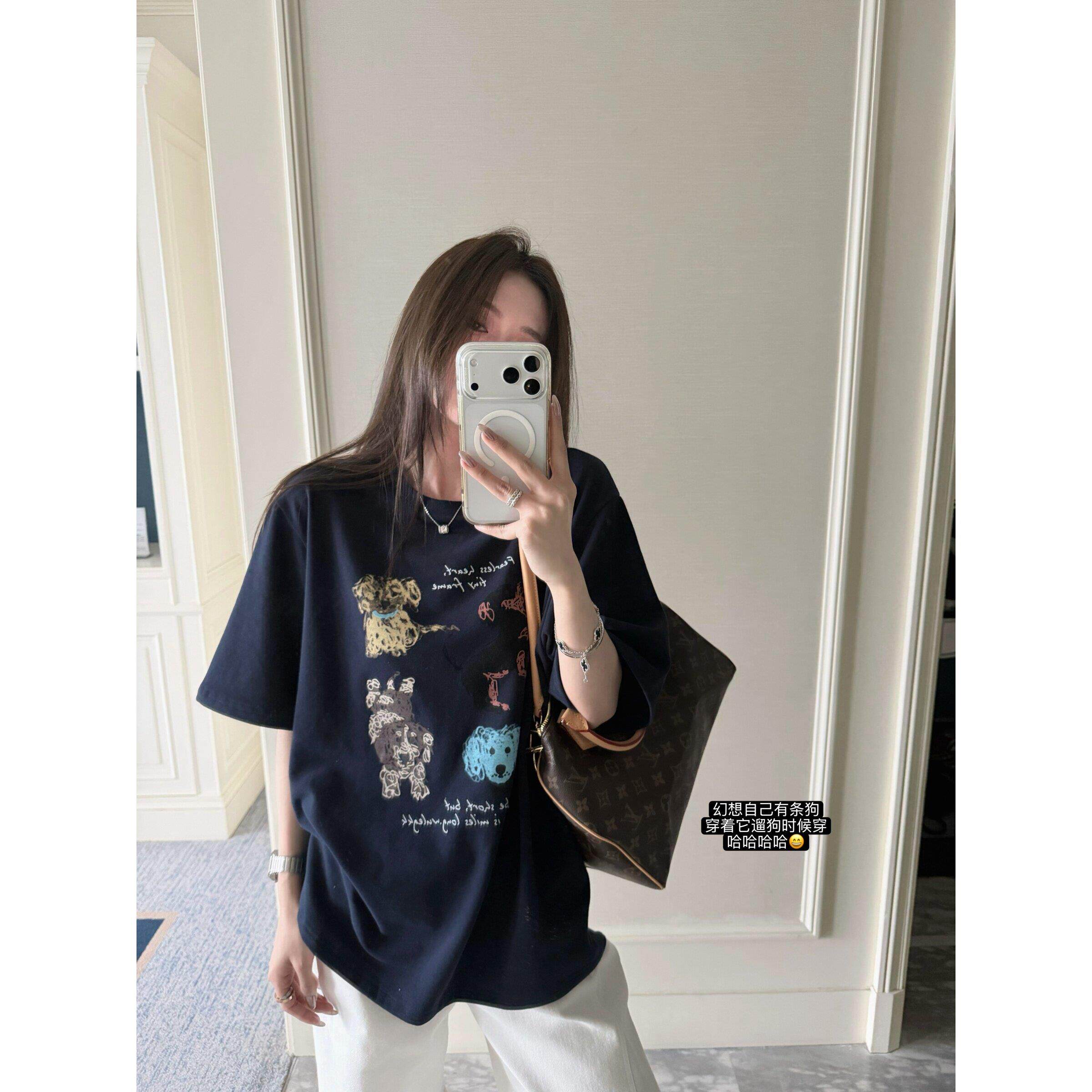 superniniyy 遛狗tee 卡通涂鸦彩绘狗狗宽松中袖短袖大T恤春夏女