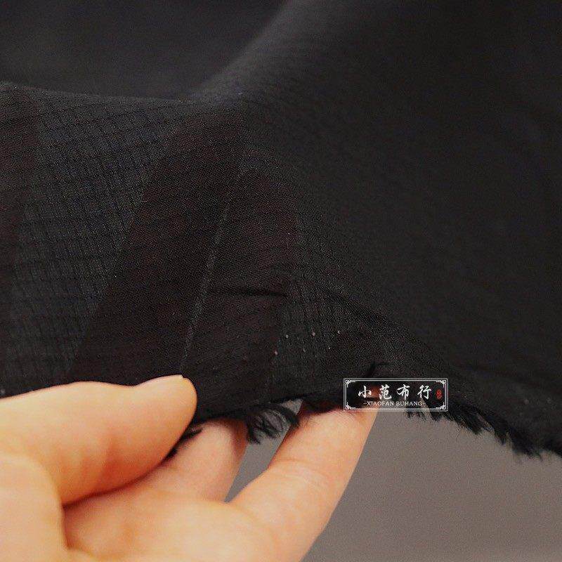 黑色暗纹小方格提花涤棉衬衫连衣裙服装面料 夏季透气汉服布料