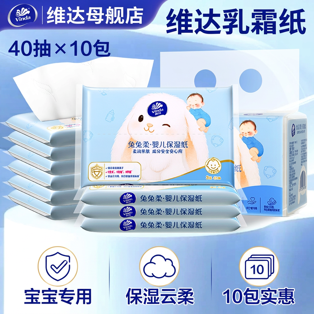 维达乳霜纸婴儿40抽10包云柔巾宝宝保湿柔纸巾抽纸实惠装面巾纸