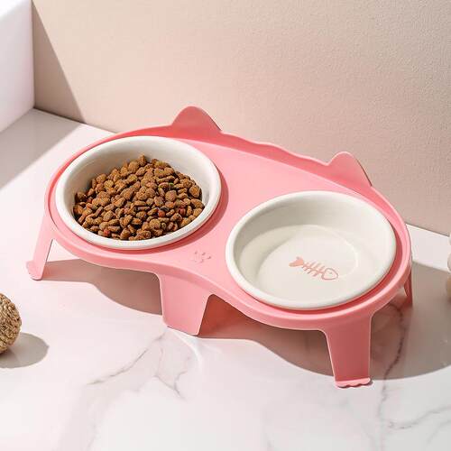 猫碗陶瓷猫食盆猫咪碗宠物碗斜口保护颈椎防打翻双碗喝水喂 食一