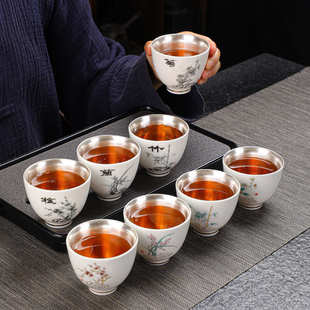 羊脂玉瓷银杯子陶瓷单杯功夫主人杯999鎏银品茗杯茶盏批发