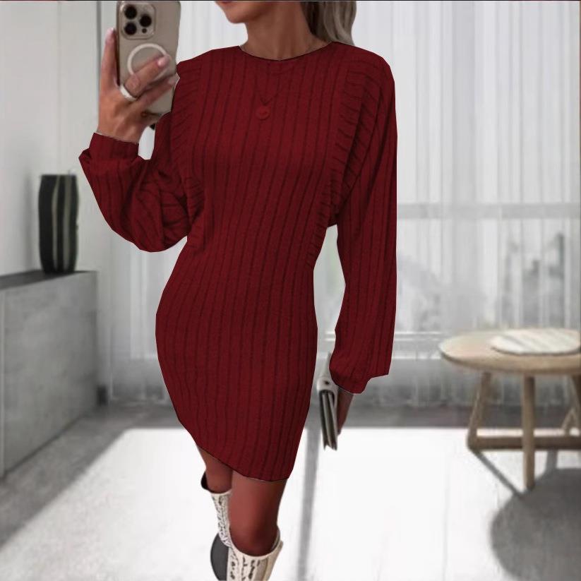 sleeve neck for raglan long elastic dress batwing Round