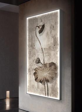 网红侘灯寂风关装饰画画发光画禅意花走廊过玄道荷竖版挂客厅壁画