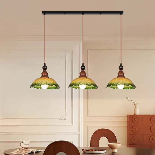 餐厅吊灯复古玻璃餐桌饭厅灯吧台灯饰中古风实木三头餐厅吊灯L271