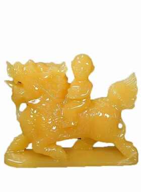 天然米黄玉送子麒麟摆件吉祥玉麒麟客厅卧室室内金童玉女工艺品