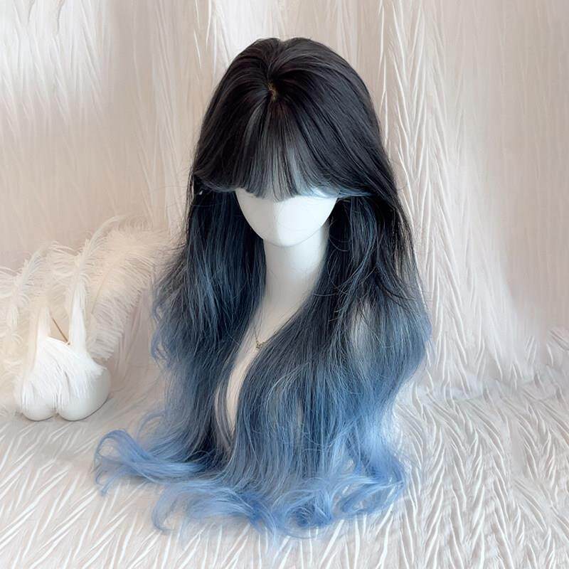 【燕尾蝶】蓝色挑染假发女齐刘海氛围慵懒感大波浪长卷发全头套式