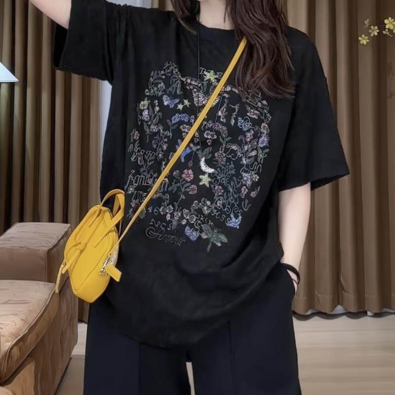 欧洲站刺绣设计感短袖T恤女2026年夏季新款大码宽松显瘦百搭上衣