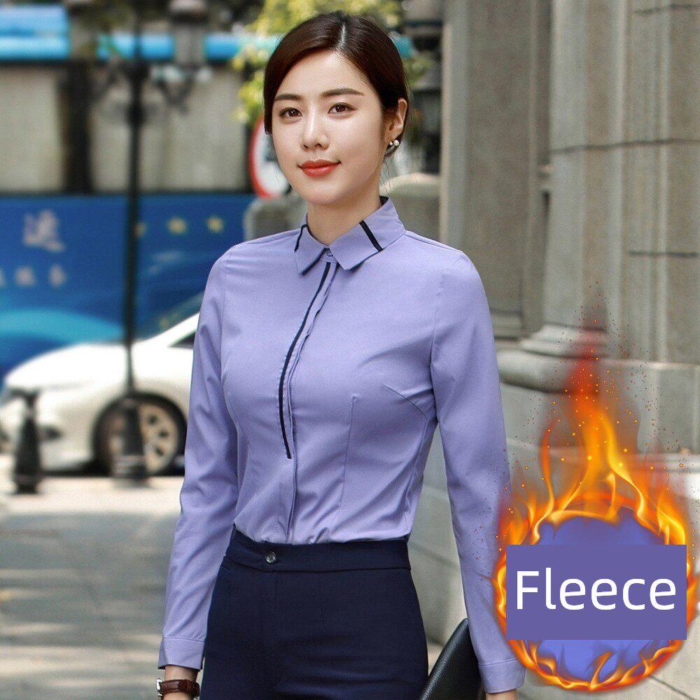 灰蓝色长袖女士保暖衬衫2020秋冬新款女士商务衬衫羊毛衬里加厚底