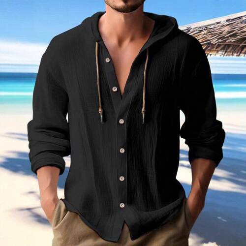 Men’s linen blend hooded short-sleeve shirt casual button