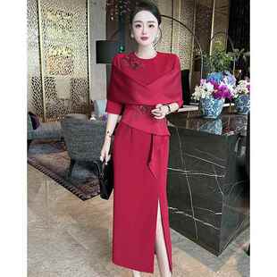 2024春夏重工绣花钉珠红色婚礼宴会红色礼服裙洋派时尚 显瘦洋装