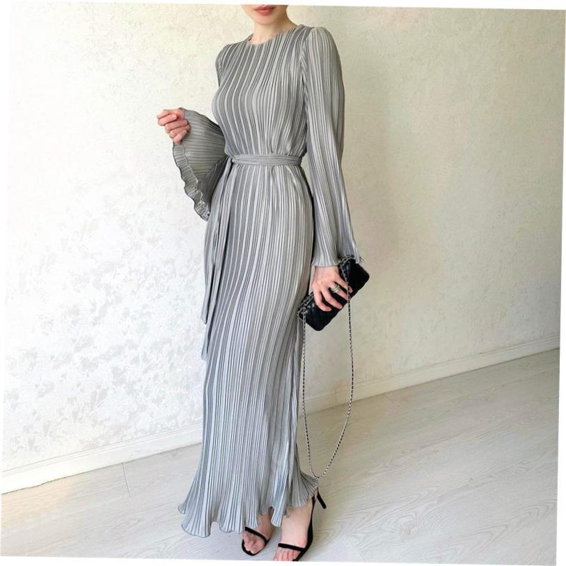 Flare Sleeve Long Pleated Dress休闲纯色圆领喇叭袖压褶连衣裙