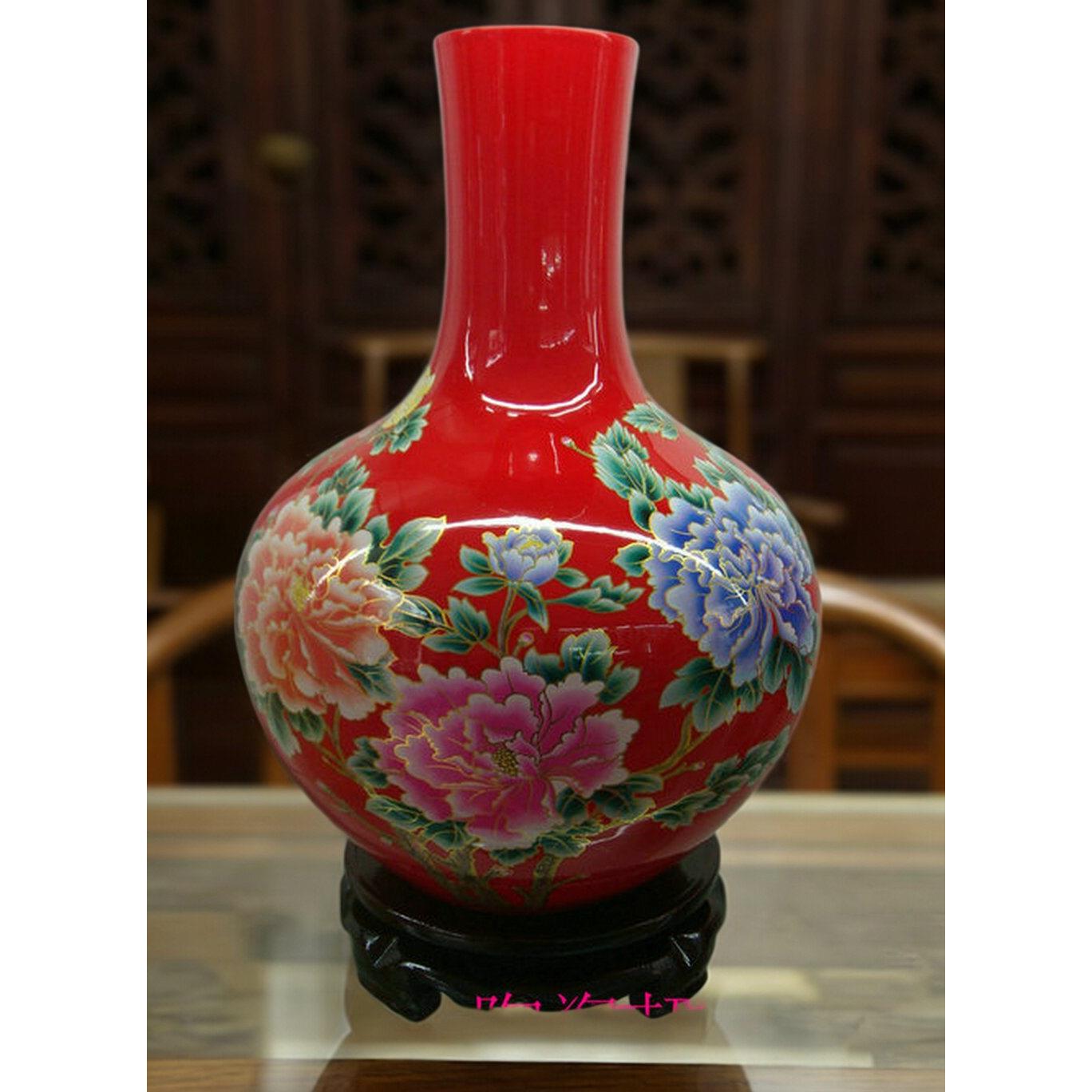 景德镇陶瓷牡丹插花天球瓶红色粉彩花瓶客厅家居摆设小号中式摆件