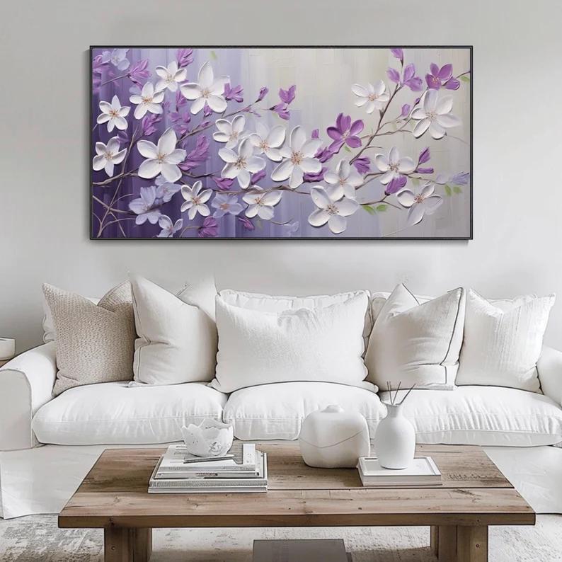 大芬村纯手绘油画抽象淡雅花卉客厅装饰画横版卧室肌理感轻奢挂画图片