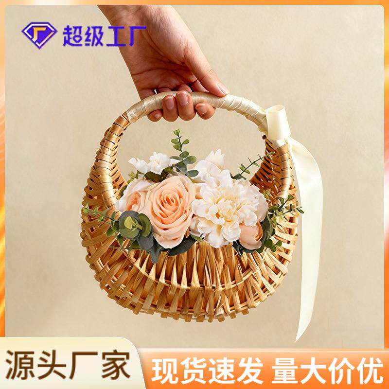 柳编月牙手提花篮野餐手工藤竹编篮收纳篮结婚撒花瓣篮子跨境