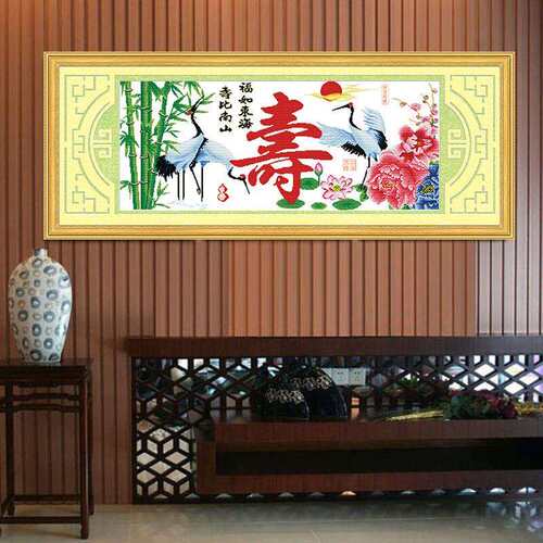 NkF十字绣2018新款寿比南山字图仙鹤版挂画客厅中国布艺绣品