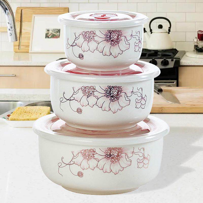 微波炉加热专用碗套装陶瓷碗带盖大号保鲜碗家用密封盒三件套带饭,餐饮具,碗,淘宝优惠券,粉丝福利购,淘宝优惠卷