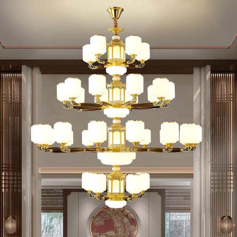 复式楼大吊灯新中式别墅挑空客厅大灯中空楼中楼餐厅卧室实木灯具