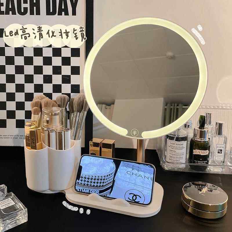 lZZQed化妆镜带灯收纳一体卧台式桌面室梳妆台折叠宿舍盒美补光妆