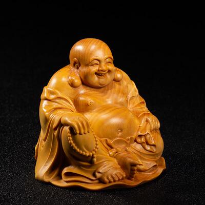 正品黄杨木雕手件家居像供奉佛客雕厅实木刻工把艺品摆件弥勒汽车