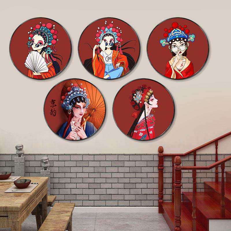 京剧花旦装饰画国潮脸谱饭店挂画中国风圆形餐馆火锅店墙面壁画