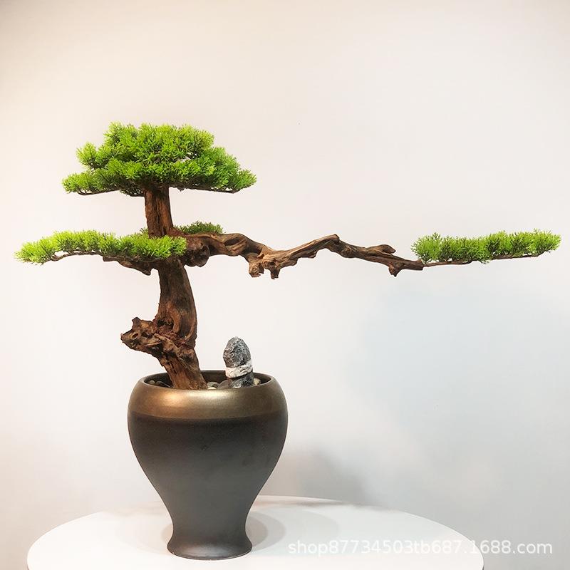 仿真迎客松盆景日式禅意玄关绿植茶室酒店样板间新中式端景台摆件