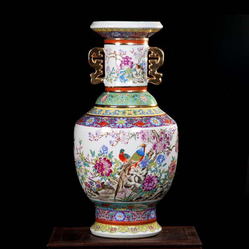 景德镇陶瓷器高档仿古描金粉彩花鸟花瓶工艺品家饰客厅时尚摆件