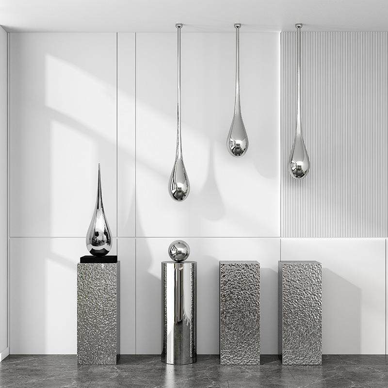 售楼处酒店大堂商业中心抽象不锈钢吊装水滴客厅壁龛雕塑挂装饰品