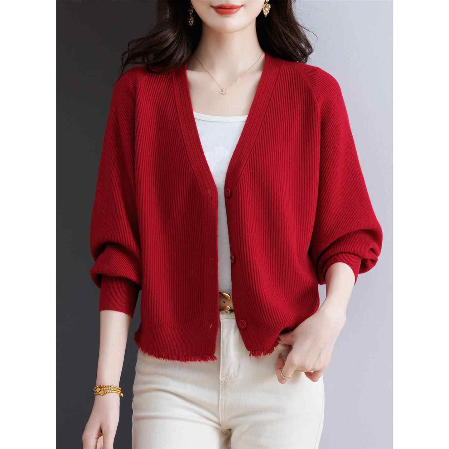 蝙蝠袖针织开衫女春秋2025新款外搭小个子高腰短款配裙子毛衣外套