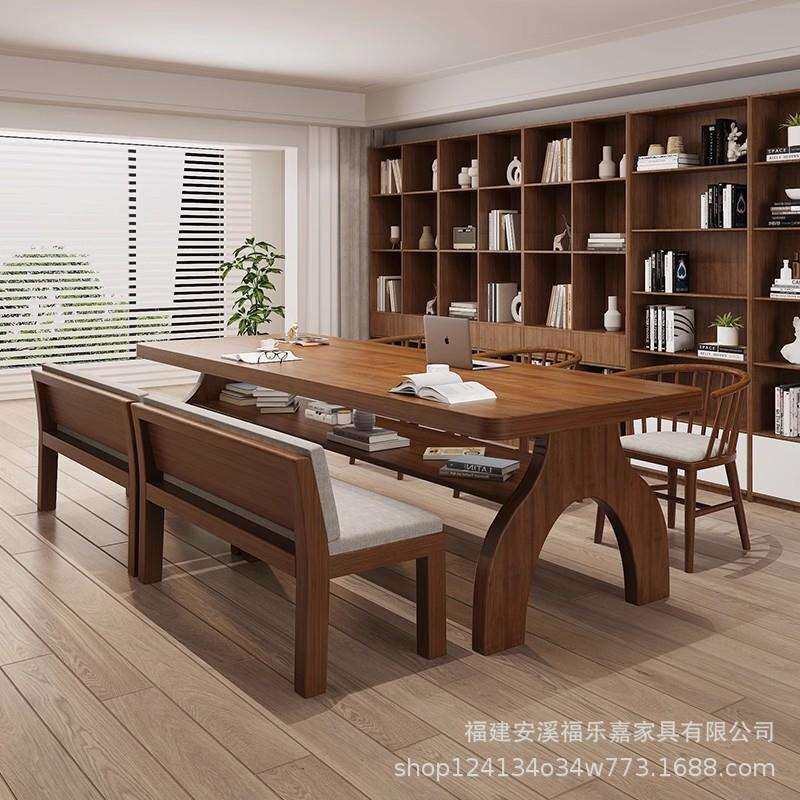 现代简约实木书桌双层隔板写字桌家用学习办公桌浅胡桃色大板长桌