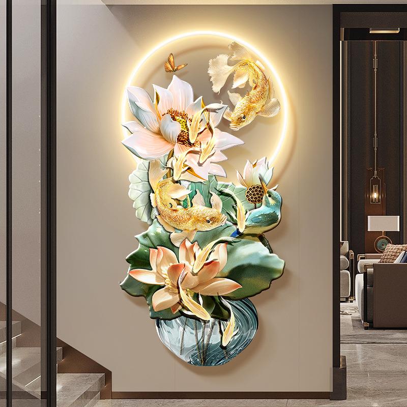 九鱼聚财图玄关装饰画新中式莲花走廊过道挂画锦鲤入户发光壁画灯